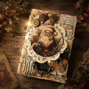 Könnte beinhalten: Ein rechteckiges Notizbuch mit einer kreisförmigen Illustration des Weihnachtsmanns in der Mitte, umgeben von weißer Spitze, verschiedenen braunen und metallischen Knöpfen sowie einem dunklen Metallgriff. Der Einband wirkt strukturiert und geschichtet.