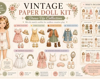 Vintage paper doll kit, printable pages, dolls and clothes, junk journal ephemera and embelishments, 4 season collections