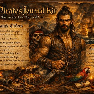 May include: A Pirate's Journal Kit with the text "A Pirate's Journal Kit Documents of the Damned Seas". The image features a pirate with a sword, a treasure chest, a parrot, and a ship. The kit includes journal pages, maps, and more.