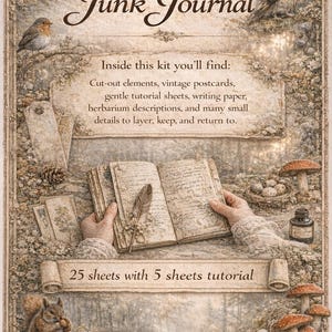 May include: A detailed illustration of a junk journal kit. The image features text that reads "How to Make a Junk Journal." The kit includes cut-out elements, vintage postcards, writing paper, and herbarium descriptions. A squirrel, owl, and bird are also depicted.