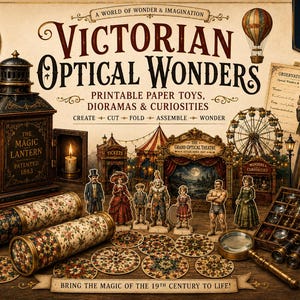 May include: A collection of printable paper toys and dioramas titled Victorian Optical Wonders. The set includes a magic lantern, two floral kaleidoscopes, paper figures, a ferris wheel, a magnifying glass, and various vintage-style cards.