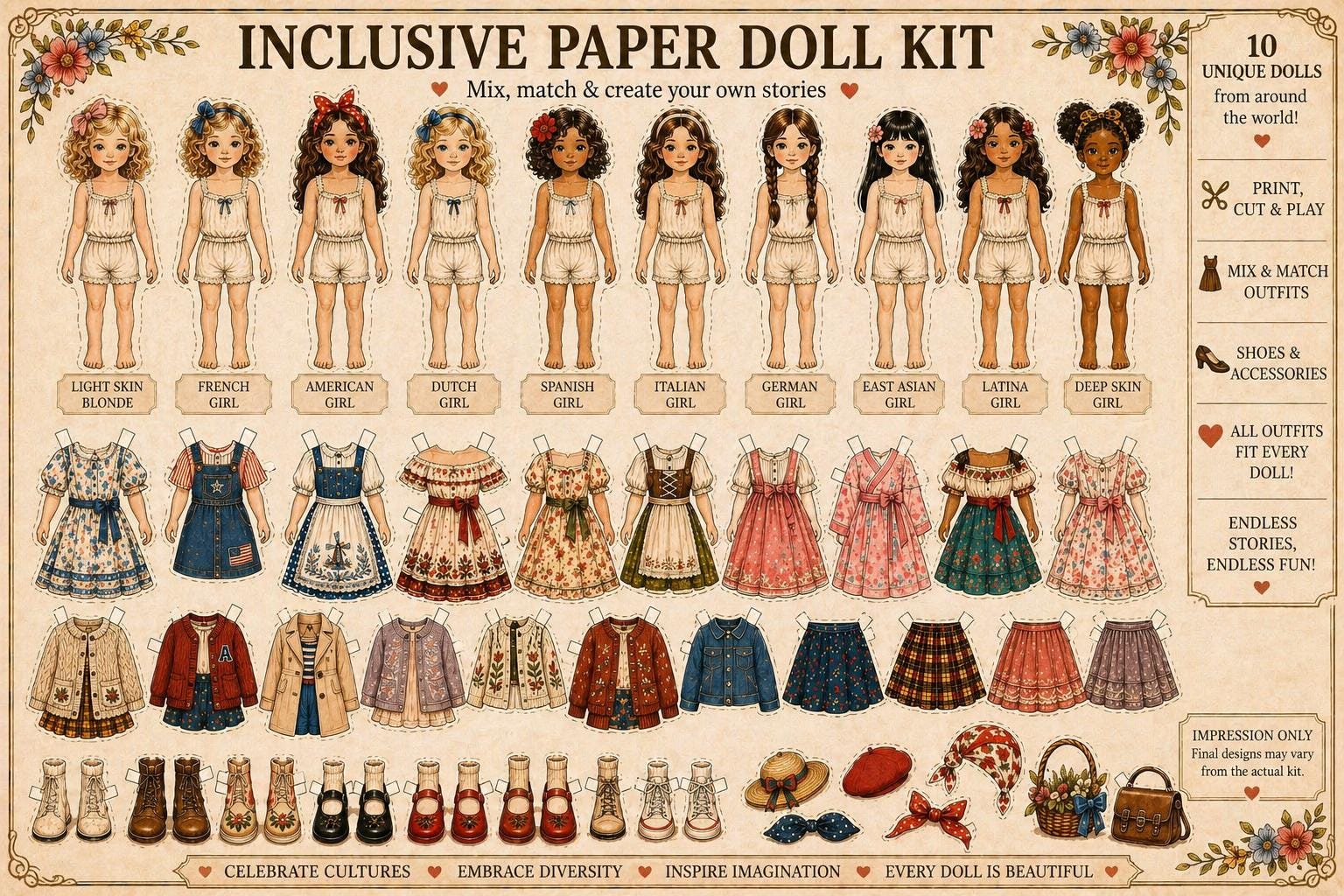 Inclusive Paper Doll Kit Printable Vintage Dress up Junk Journal ...