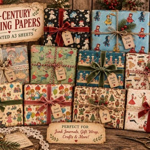 May include: Ten rectangular gift boxes wrapped in various vintage-style patterned papers featuring illustrations of people, toys, and holiday motifs. Each box is tied with ribbons or twine and includes a small paper gift tag with handwritten text.