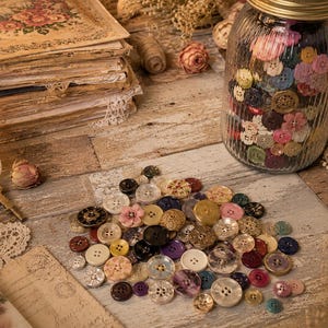 May include: A large collection of assorted buttons in various colors, shapes, and sizes, including floral, metallic, and translucent designs, scattered alongside a glass jar filled with more buttons, old books, a small candle, and keys.