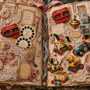 Vintage speelgoedversieringen en ephemera, printbare benodigdheden voor junk journals en scrapbooking. afbeelding 2