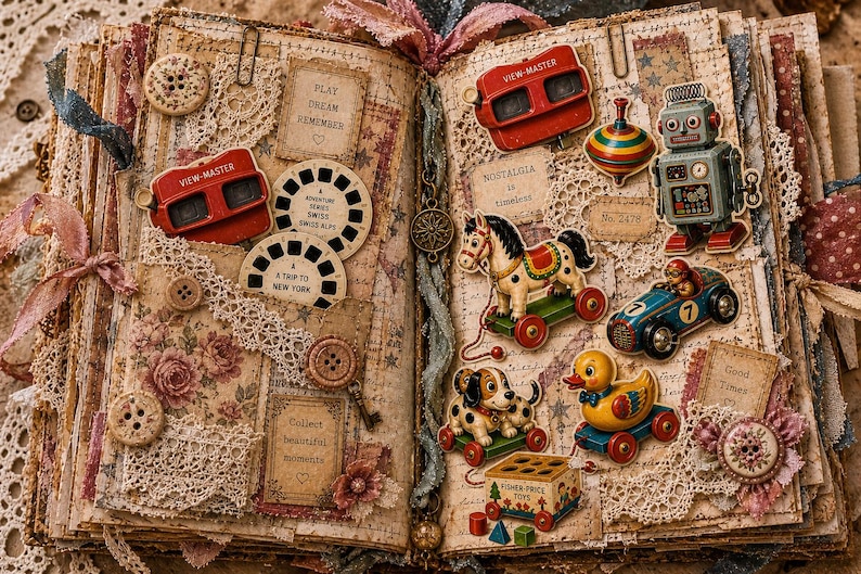 Vintage speelgoedversieringen en ephemera, printbare benodigdheden voor junk journals en scrapbooking. afbeelding 2