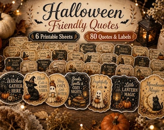 Op de afbeelding: Een verzameling van 6 printbare vellen met 80 Halloween-labels en citaten. De ontwerpen bevatten illustraties van zwarte katten, spoken, pompoenen en lantaarns met teksten zoals Witches Gather Here en Moonbeam Magic.