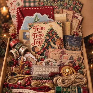 Op de afbeelding: Een kartonnen doos gevuld met kerstknutselspullen, waaronder een boek met de titel Trim the Tree with Joy, rollen washi-tape met patronen, decoratief papier, een gouden zegelstempel, touw, kanten lint en een versierde gouden schaar.