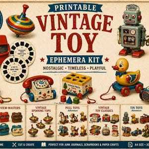 Può includere: Un kit di effemeridi di giocattoli vintage con 21 fogli stampabili. L'immagine presenta vari giocattoli classici, tra cui un View-Master, trottole, giocattoli da tirare e giocattoli di latta. Il kit include il download immediato e le opzioni di stampa a casa.