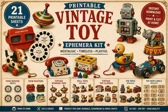 Vintage toy embelishments and ephemera kit printable junk journal and scrapbooking supplies