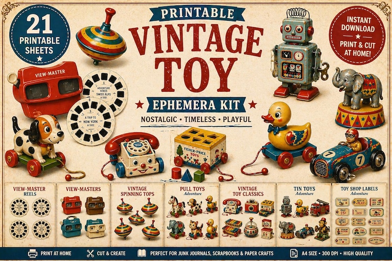Op de afbeelding: Een vintage speelgoed ephemera kit met 21 printbare vellen. De afbeelding toont verschillende klassieke speelgoed, waaronder een View-Master, tollen, trektouwspeelgoed en blikken speelgoed. De kit bevat direct downloaden en print-at-home opties.