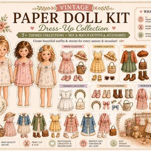 May include: A vintage paper doll kit featuring four unique doll styles and over seven themed collections. Includes mix and match outfits and accessories. Features spring, summer, autumn, and winter collections. A high-quality, ready-to-print digital download.