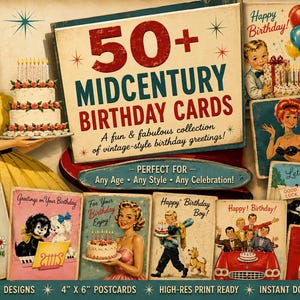 Peut inclure: Ensemble de cartes d'anniversaire vintage avec des illustrations rétro. Les cartes présentent des images de gâteaux, de ballons et de personnes. Le texte sur les cartes comprend "Joyeux Anniversaire" et d'autres vœux. Les cartes mesurent 10 cm x 15 cm.