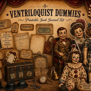 May include: A printable junk journal kit titled Ventriloquist Dummies featuring 13 sheets of vintage-style ephemera. Includes images of ventriloquist dolls, a trunk, top hats, a pocket watch, keys, and various tickets and signs with text like Admit One.