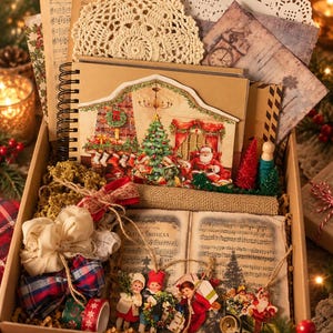 May include: A cardboard box filled with Christmas-themed craft supplies including a spiral-bound notebook with a Santa and fireplace illustration, vintage-style music sheets, cream-colored crochet doilies, fabric scraps, plaid ribbon, and small paper cutouts of children.