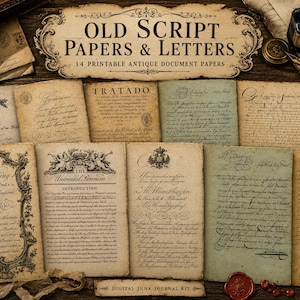 May include: A collection of 14 printable antique document papers titled Old Script Papers & Letters. The set features various aged parchment sheets with vintage calligraphy, ornate borders, and historical text, accompanied by an inkwell and pen.