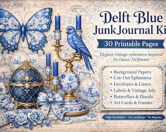 Kit digital de páginas imprimibles con efímeros y adornos de color azul Delft para álbumes de recortes.