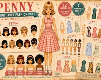 Kit de muñeca de papel imprimible para armar, 4 en 1, estilo vintage de los años 60. Descarga instantánea.