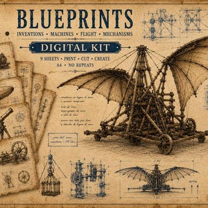 May include: A digital kit of blueprints featuring Leonardo da Vinci inventions, machines, flight, and mechanisms. The set includes 9 A4 sheets with technical drawings of a flying machine, a train, a zeppelin, a telescope, and a pocket watch.