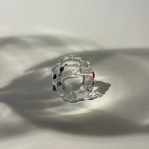 Clear Colourful Chunky Circle Glass Ring - Sleek Minimalist Borosilicate Jewelry, Artisan Handmade Gift, Perfect Present or Anniversary Gift