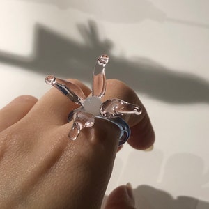 Handcrafted Lily-Inspired Flower Ring - Unique Blue & Pink Borosilicate Glass Jewelry - Bespoke, Artisan-Crafted Glass, Lotus Flower Ring