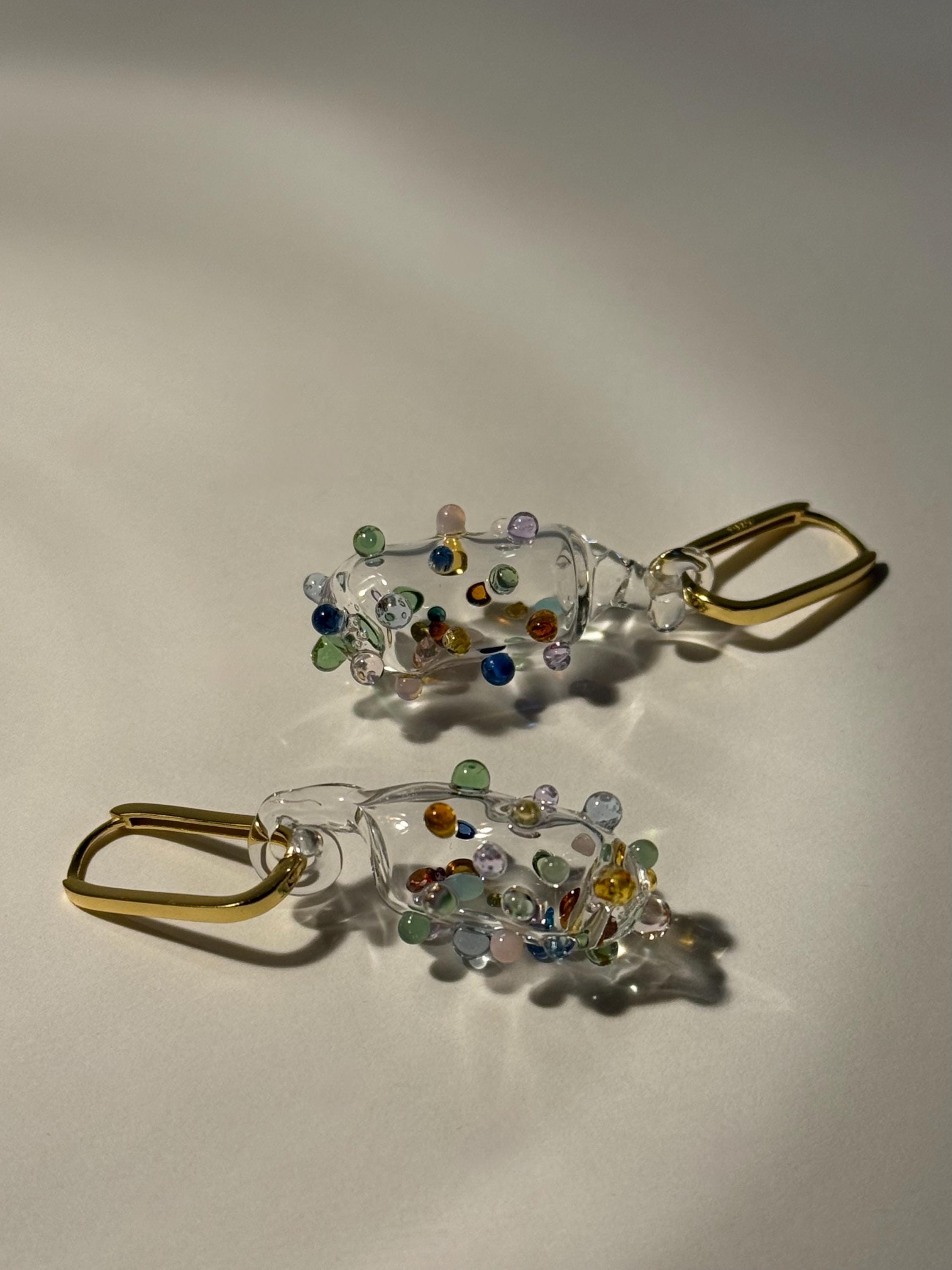 Orecchini Pendenti In Vetro Soffiato, Perle, Argento Dorato 925 E N In Tessuto