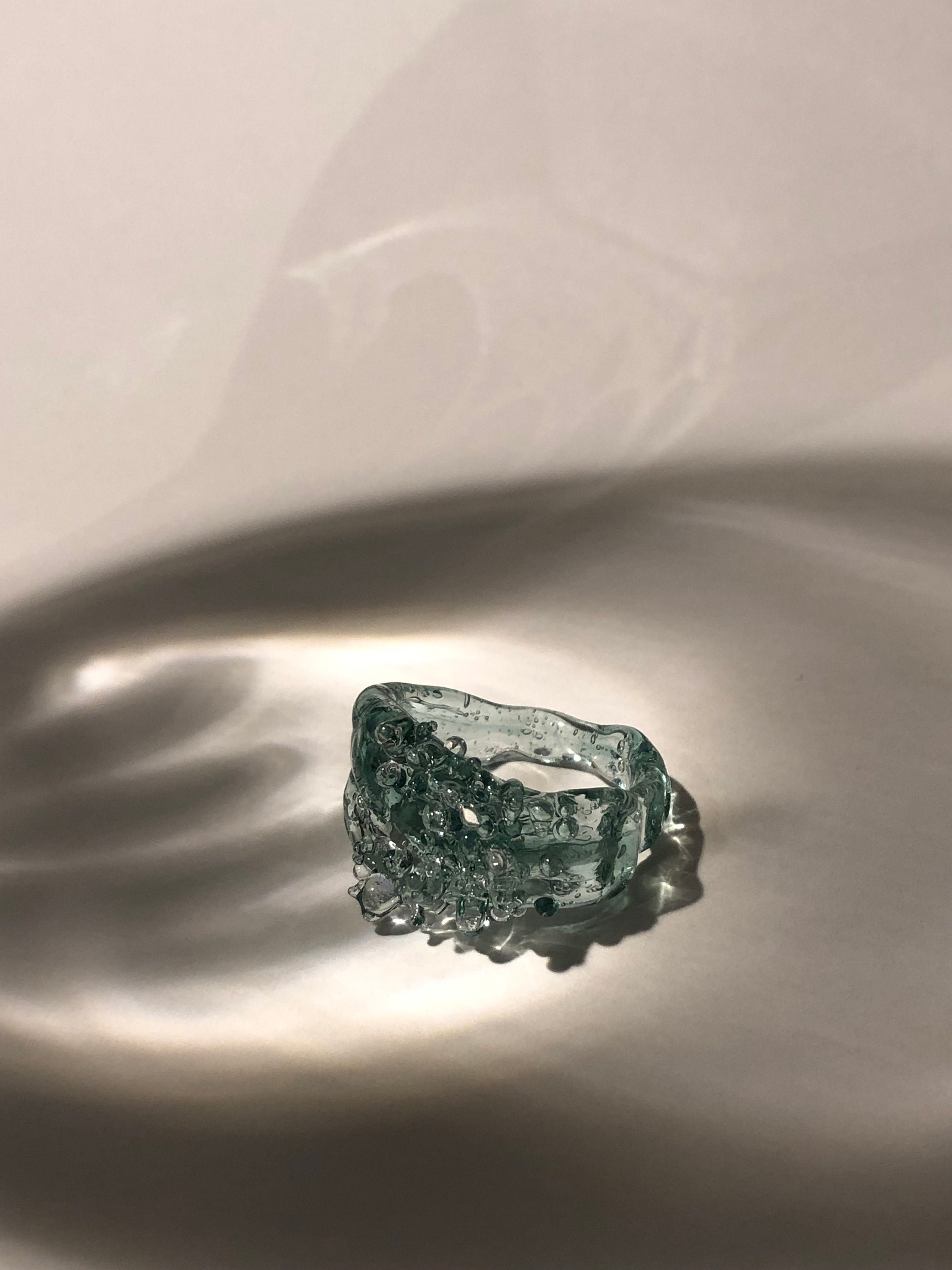 Seafoam Glass Ring - Sleek ocean inspired Borosilicate Jewelry, Artisan Handmade Gift, Perfect Unique Present for Nature lovers