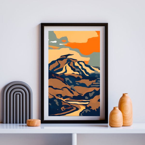 Mountain Climber Print for Bouldering Enthusiast Wall Art, Abstract Landscape and Climbing Man Poster for Scandinavian Style Home, Digital