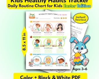 Tabla de rutinas para niños imprimible, registro de hábitos saludables para niños, tabla de actividades de Pascua, rutina diaria para niños pequeños, página para colorear en blanco y negro