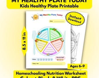 Plato saludable para niños (imprimible) – Diario de alimentación para niños de 6, 7, 8 y 9 años – Hoja de trabajo de nutrición para la educación en casa – PDF a color y en blanco y negro – Tamaño carta estadounidense