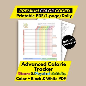 Macro and Calorie Tracker Printable – Daily Advanced Food & Fitness Log Sheet – Premium Color-Coded Nutrition Planner PDF – Instant Download