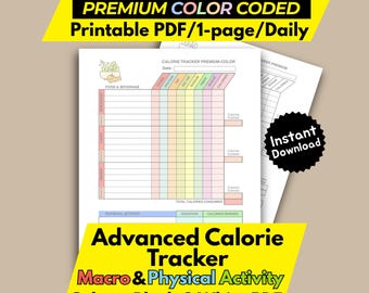 Registro de macronutrientes y calorías imprimible – Hoja de registro diario avanzado de alimentación y actividad física – Planificador nutricional premium con código de colores en PDF – Descarga instantánea