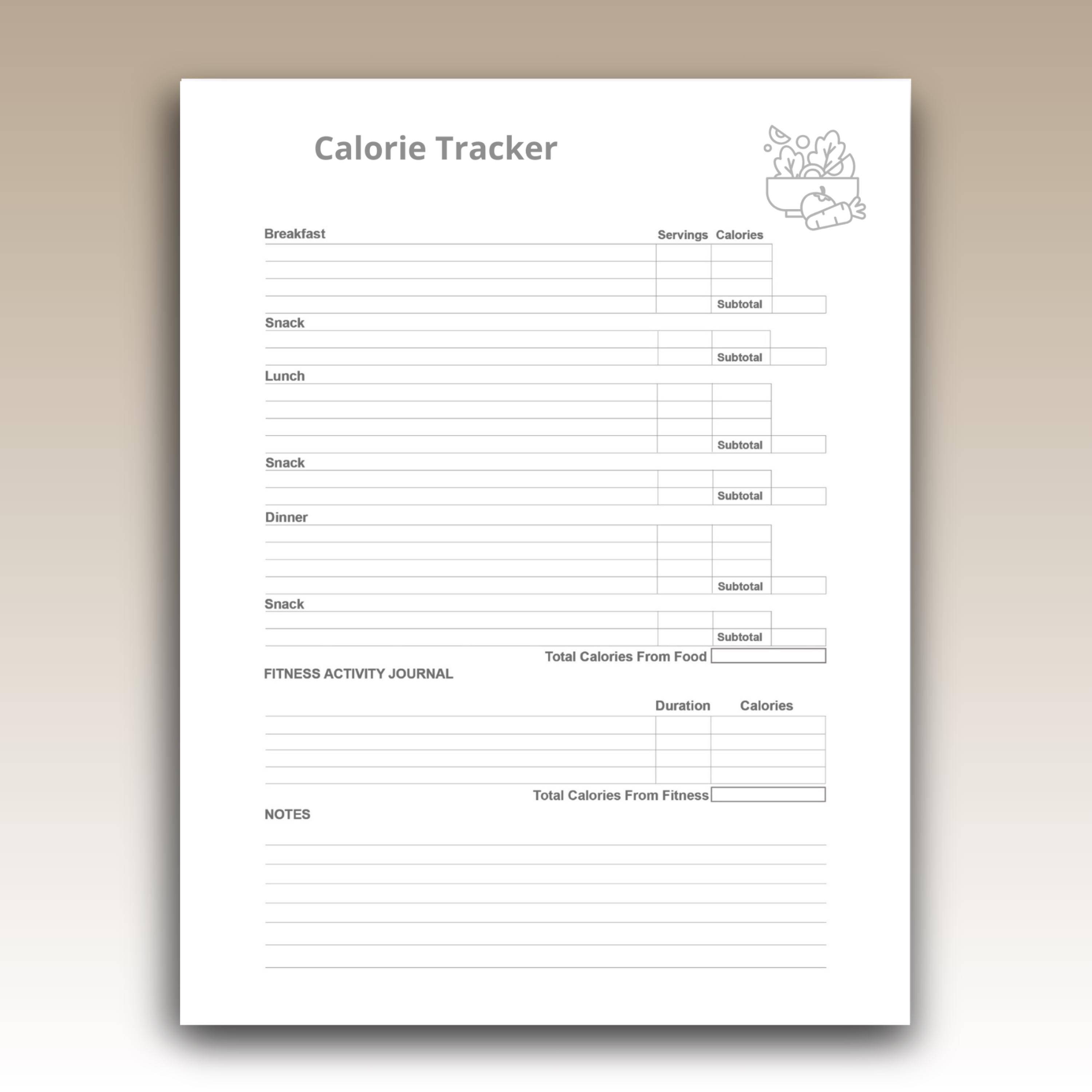 Daily Calorie Tracker Printable – 1 Page Food & Fitness Log Sheet ...