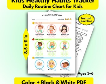 Tabla de hábitos saludables para niños imprimible | Lista de higiene infantil y registro de rutina diaria | Lavarse las manos, cepillarse los dientes, beber agua, dormir | PDF