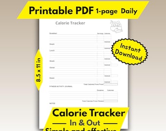 Registro de calorías diarias imprimible – Hoja de registro de alimentación y actividad física de 1 página – Diario de nutrición simple en PDF – Descarga instantánea