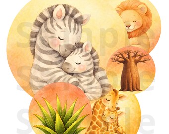 Paquete de imágenes prediseñadas de animales de safari para mamá y bebé, lindos animales en acuarela PNG, 12 animales + 6 elementos, imágenes prediseñadas de safari para bebés, imágenes prediseñadas para guardería