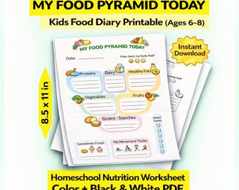 Pirámide alimenticia imprimible para niños – Diario de alimentación para niños de 6 a 8 años – Hoja de trabajo de nutrición para la educación en casa – Actividad de alimentación saludable – PDF en color y blanco y negro