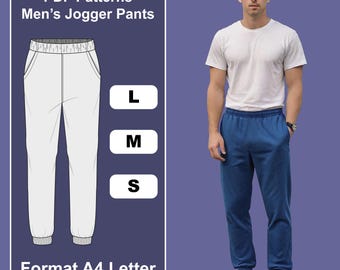 Patrón de costura para joggers de hombre en PDF / Tallas S-M-L / Carta (EE. UU.) y A4 (Imprimible) (Descarga digital)