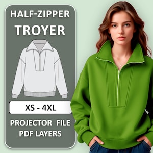 Patrón de costura para suéter Troyer con media cremallera (PDF, tallas XS-4XL)