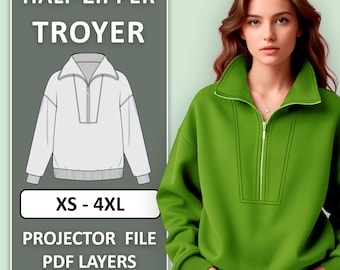 Patrón de costura para suéter Troyer con media cremallera (PDF, tallas XS-4XL)