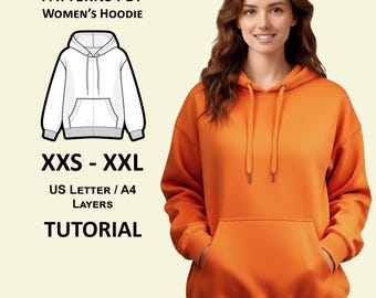 Patrón de sudadera con capucha para mujer en PDF / XXS-XXL / Apto para principiantes / A4, tamaño carta / Costura fácil