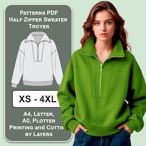 Puede incluir: Un patrón digital para un suéter con cremallera de media longitud. El patrón está disponible en tallas XS-4XL y se puede imprimir en papel A4, Letter, A0 o plotter. El patrón está diseñado para ser impreso y cortado por capas.