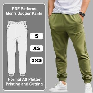 May include: The image features olive green jogger pants on a person and a white illustration of jogger pants. Text on the image reads "PDF Patterns Men's Jogger Pants" and size options: S, XS, and 2XS. The text "Format A0 Plotter Printing and Cutting" is also included.