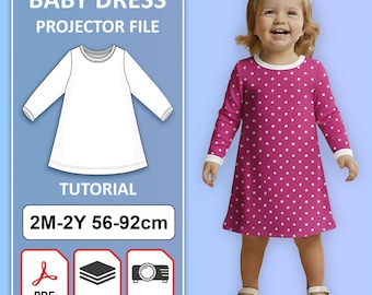 Patrón de costura para vestido de bebé tejido, corte A, tallas 2 M-2 A (solo PDF para proyector)