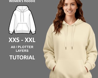 Patrón de sudadera con capucha para mujer en PDF / Archivo de plotter A0 / XXS-XXL / Fácil de coser