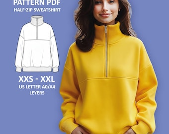 Patrón de costura para sudadera extragrande con media cremallera / Jersey para mujer (patrón PDF, tallas XXS-XXL)