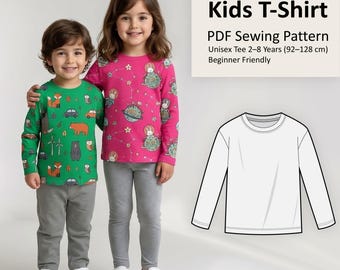 Patrón de costura en PDF para camiseta de manga larga infantil / Camiseta de jersey unisex (2-8 años)