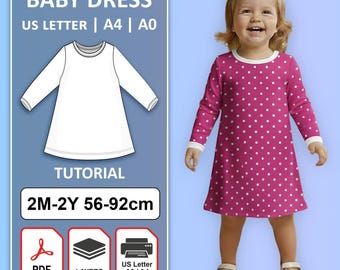 Patrón de costura para vestido de bebé (PDF), tallas 2 meses a 2 años, diseño fácil para principiantes
