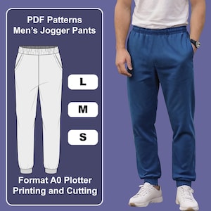 Puede incluir: Patrones PDF para pantalones de chándal en tallas S, M y L. El patrón es para impresión y corte en plotter A0.