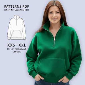 Modello di cucito per felpa oversize con mezza zip in PDF, pullover da donna con cerniera a un quarto e tasca a marsupio